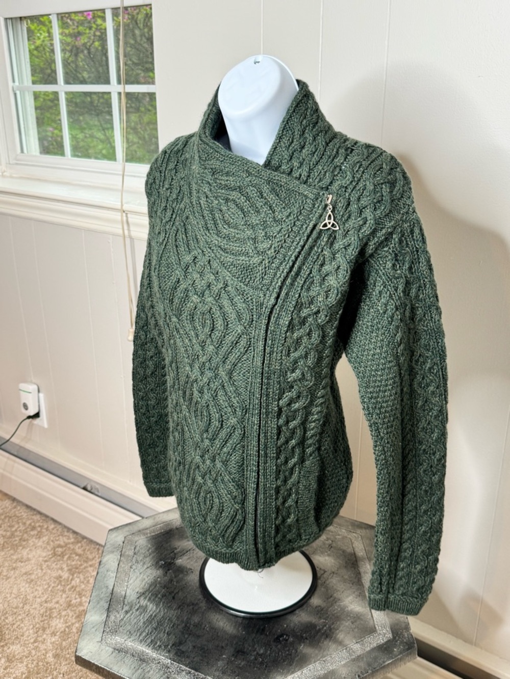 Aran Crafts Dark Olive Cable Knit Asymmetrical Zip Turtleneck Sweater